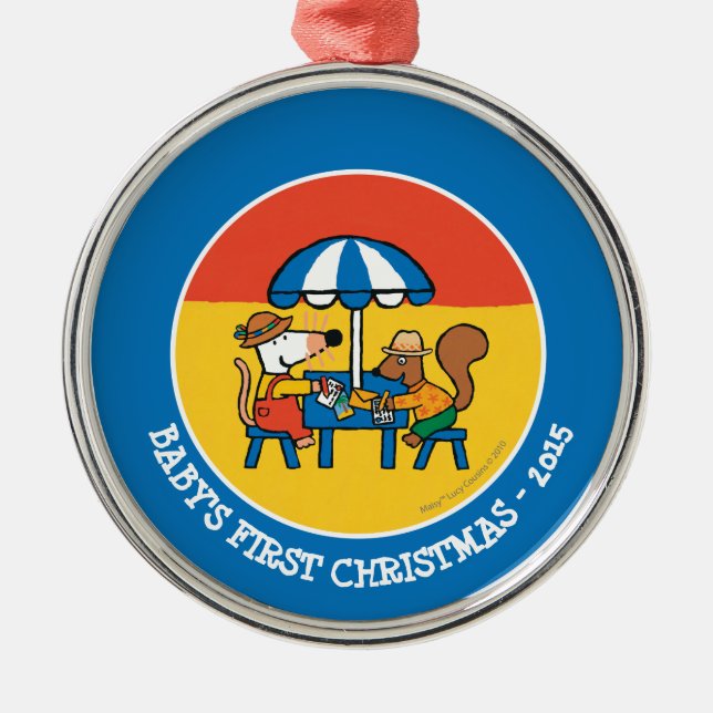 Maisy schreibt Postkarten unter blauen Regenschirm Ornament Aus Metall (Vorne)