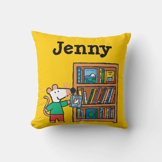 Maisy und ein Bücherregal Kissen (Vorderseite)
