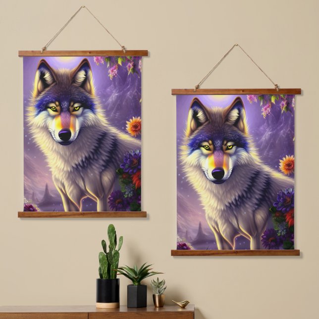 Majestät des Wolfs Wandteppich Mit Holzrahmen (Asymmetrisch)
