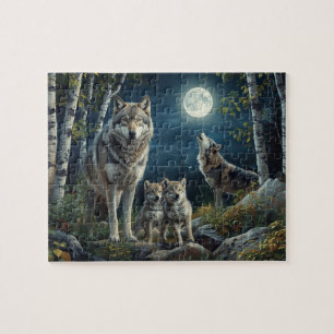 Majestätige Wolfsfamilie Vollmond Birkenwald