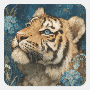 Majestätiger junger Tiger, der in einem Blumengart Quadratischer Aufkleber