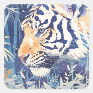 Majestätiger Tiger im blauen Bambus-Botanik-Naturs Quadratischer Aufkleber