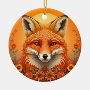 Majestätiges Fuchsporträt umgeben von Herbstblumen Keramik Ornament
