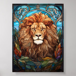 Majestätiges Löwenporträt Buntglas AI-Kunst Poster