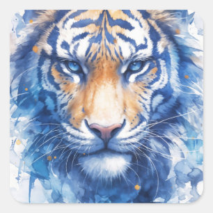 Majestätiges Tigergesicht mit Blau- und Gold-Wasse Quadratischer Aufkleber