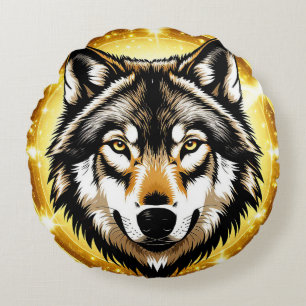 Majestätiges Wolfporträt mit goldenem Hintergrund Rundes Kissen