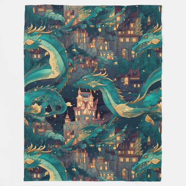 Majestätische Aquamarine Drachen und Dorf Fleecedecke (Vorderseite)