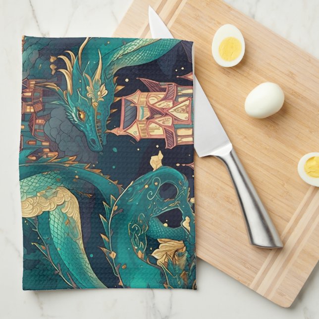 Majestätische Aquamarine Drachen und Dorf Geschirrtuch (Viertel Falte)