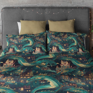 Majestätische Aquamarine Drachen und Dorf Kissenbezug