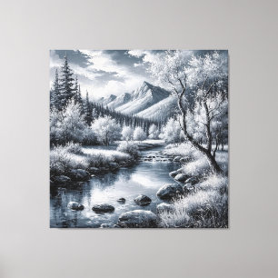 Majestätische Berglandschaft mit Fluss, Kiefern Leinwanddruck