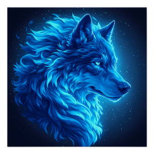 Majestätische Blaue Wolf Leuchtende Fantasy-Wildli Poster