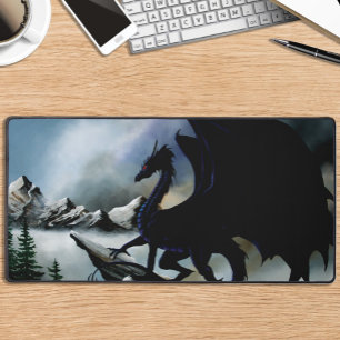 Majestätische Dunkle Drache Schwarze Fantasy Berge Schreibtischunterlage