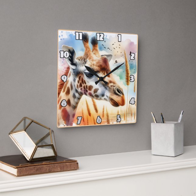 Majestätische Giraffe über der afrikanischen Savan Quadratische Wanduhr (Büro)