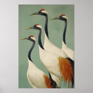 Majestätische japanische Kraniche Wandkunst Grün,  Poster