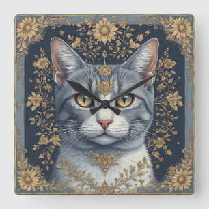 Majestätische Katze mit aufwendigen floralen golde Quadratische Wanduhr