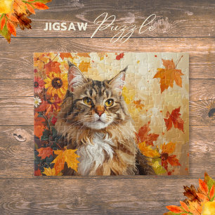 Majestätische Maine Coon mit Herbstlaub und Sonnen