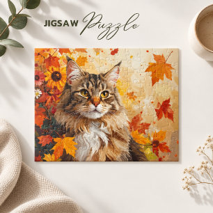Majestätische Maine Coon mit Herbstlaub und Sonnen
