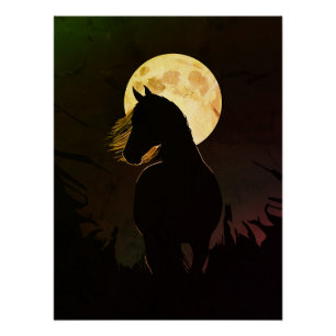 Majestätische Pferdesilhouette unter Vollmond Poster
