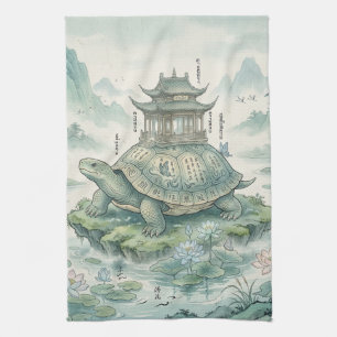 Majestätische Schildkröten-Pagode-Tuschekunst Geschirrtuch