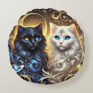Majestätische Schwarz-Weiß-Katzen  Rundes Kissen