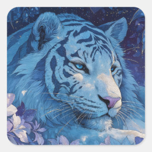 Majestätischer blauer Tiger im üppigen Lavendelgar Quadratischer Aufkleber