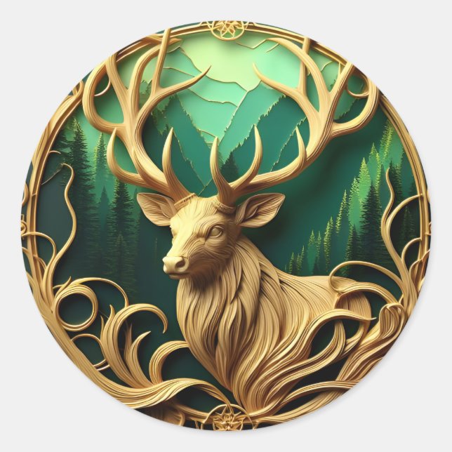 Majestätischer Buck, der in einen ruhigen Wald hin Runder Aufkleber (Vorderseite)