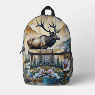 Majestätischer Elch im blumigen Bergtal Bedruckter Rucksack