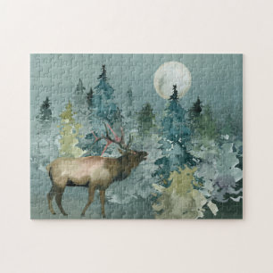 Majestätischer Elch im Wald Vollmond Aquarell
