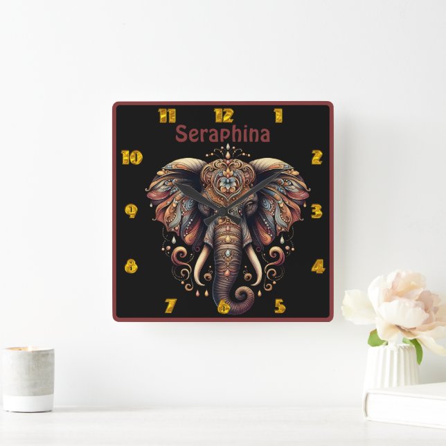 Majestätischer Elefant mit komplizierten Mustern Quadratische Wanduhr (Zuhause)