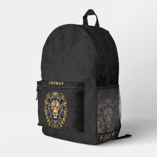 Majestätischer goldener Löwenkopf mit schwarzer Ma Bedruckter Rucksack