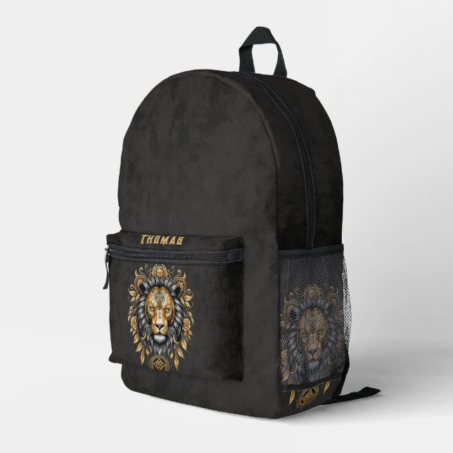 Majestätischer goldener Löwenkopf mit schwarzer Ma Bedruckter Rucksack (Rückseitige Ecke Rechts)
