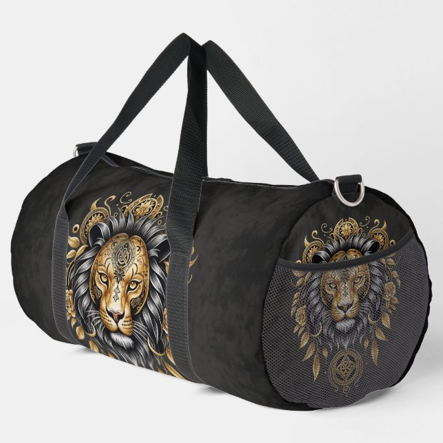 Majestätischer goldener Löwenkopf mit schwarzer Ma Duffle Bag (Rechte Ecke)
