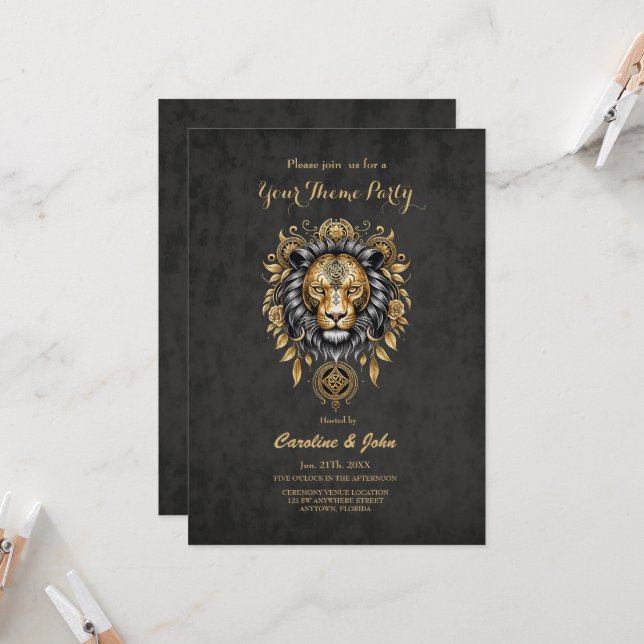 Majestätischer goldener Löwenkopf mit schwarzer Ma Einladung (Vorderseite/Rückseite Beispiel)