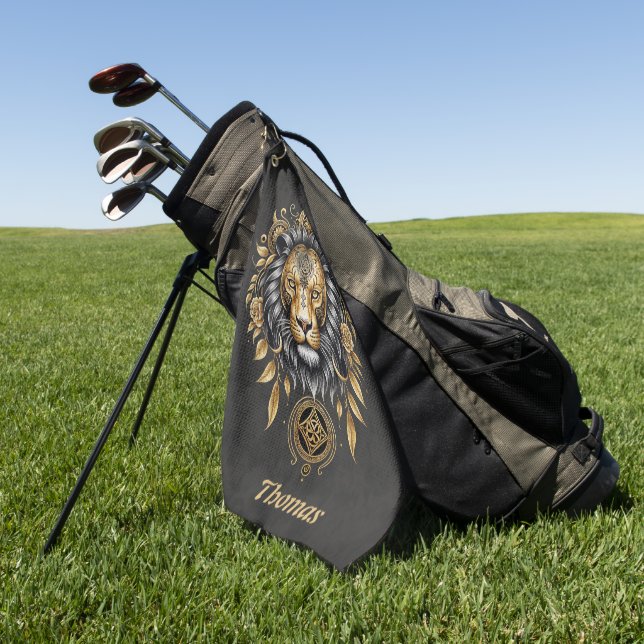 Majestätischer goldener Löwenkopf mit schwarzer Ma Golfhandtuch (Gras)