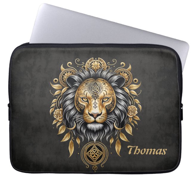 Majestätischer goldener Löwenkopf mit schwarzer Ma Laptopschutzhülle (Vorderseite)
