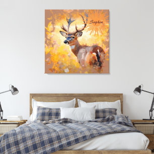 Majestätischer Hirsch auf einem Feld mit Wildblume Leinwanddruck