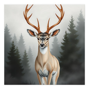 Majestätischer Hirsch im nebligen Wald – Ruhige Ti Poster