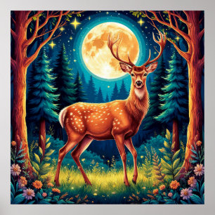 Majestätischer Hirsch in einem üppigen Wald Poster
