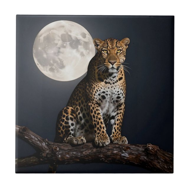 Majestätischer Leopard und Vollmond   Fliese (Vorderseite)