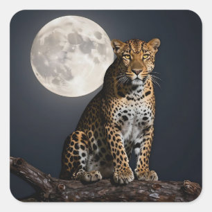 Majestätischer Leopard und Vollmond   Quadratischer Aufkleber