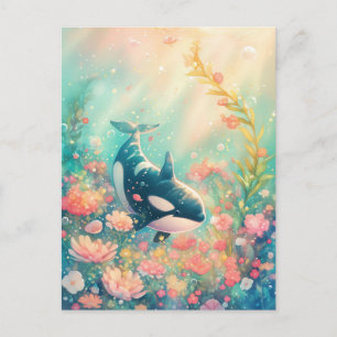 Majestätischer Orca im rosa Meeresgarten Postkarte