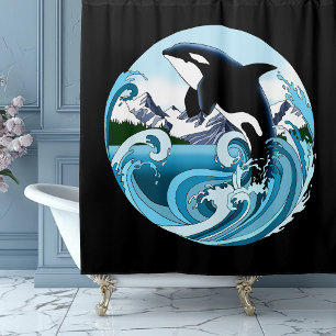 Majestätischer Orca-Schwertwal Blaue Wellen Ozean Duschvorhang