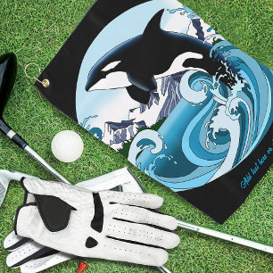 Majestätischer Orca-Schwertwal Blaue Wellen Ozean Golfhandtuch