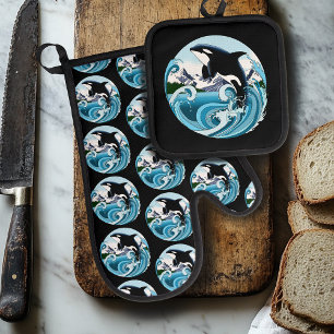 Majestätischer Orca-Schwertwal Blaue Wellen Ozean Ofenhandschuh & Topflappen-Set
