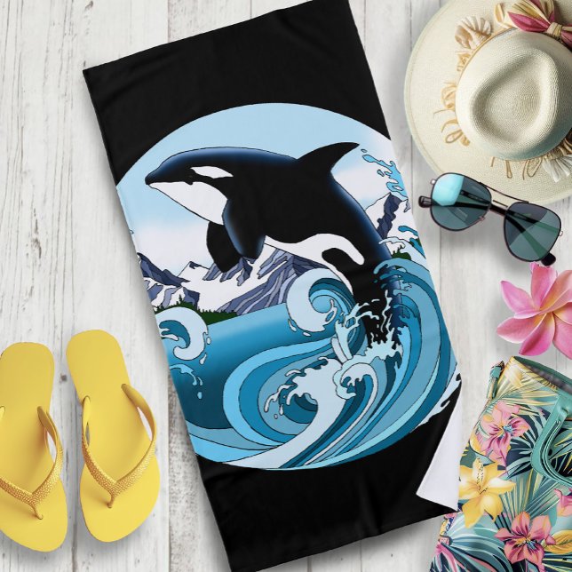 Majestätischer Orca-Schwertwal Blaue Wellen Ozean Strandtuch (Von Creator hochgeladen)
