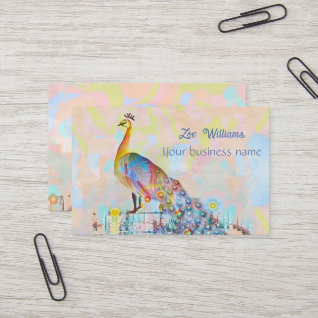 Majestätischer Pfau auf einem Zaun - abstrakt Visitenkarte (Vorderseite/Rückseite Beispiel)
