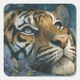 Majestätischer Tiger, der durch lila Wildblumen lu Quadratischer Aufkleber