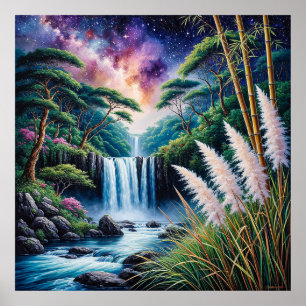 Majestätischer Wasserfall in einem üppigen Wald un Poster