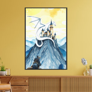 Majestätischer Weißer Drache über der Festung  Leinwanddruck