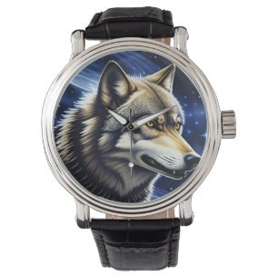 Majestätischer Wolf unter Sternenhimmel Armbanduhr